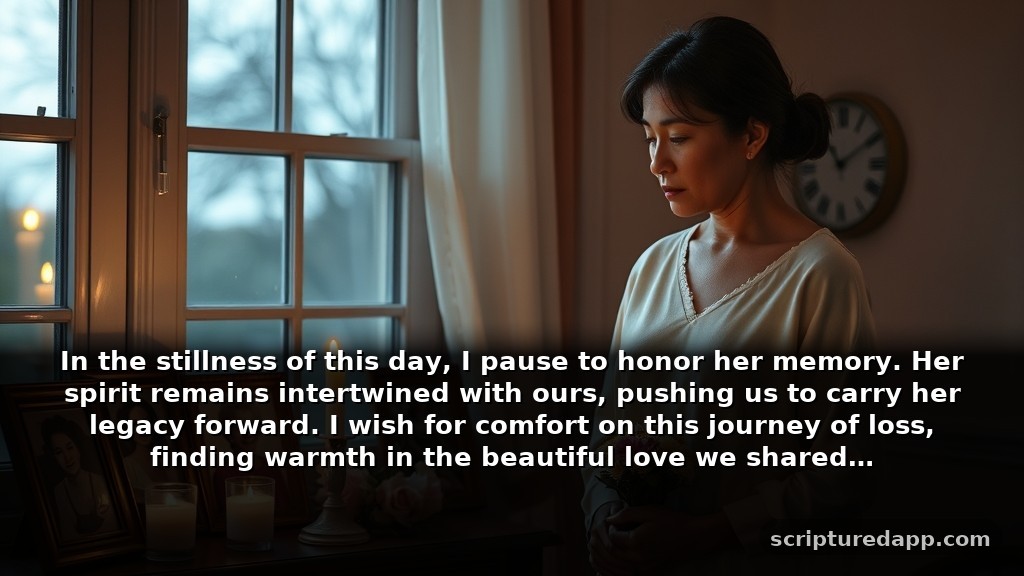 Heartfelt year mother death anniversary prayer for Healing: In the stillness of this day, I pause to honor her memory. Her spirit remains intertwined with ours, pushing us to carry her legacy forward. I wish for comfort on this journey of loss, finding warmth in the beautiful love we shared.
