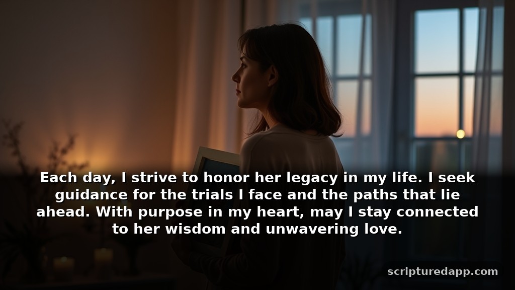 Modern year mother death anniversary prayer for Guidance: Each day, I strive to honor her legacy in my life. I seek guidance for the trials I face and the paths that lie ahead. With purpose in my heart, may I stay connected to her wisdom and unwavering love.