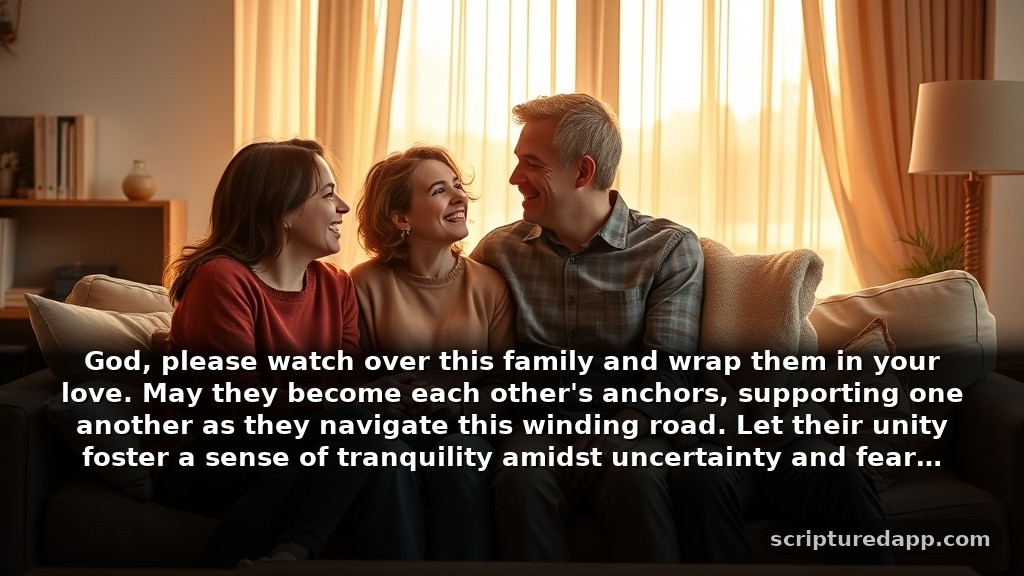 Powerful Prayers for Family of Cancer Patients: God, please watch over this family and wrap them in your love. May they become each other's anchors, supporting one another as they navigate this winding road. Let their unity foster a sense of tranquility amidst uncertainty and fear.