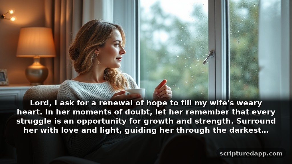 25 Prayers for My Wife in Difficult Times: Lord, I ask for a renewal of hope to fill my wife's weary heart. In her moments of doubt, let her remember that every struggle is an opportunity for growth and strength. Surround her with love and light, guiding her through the darkest days.