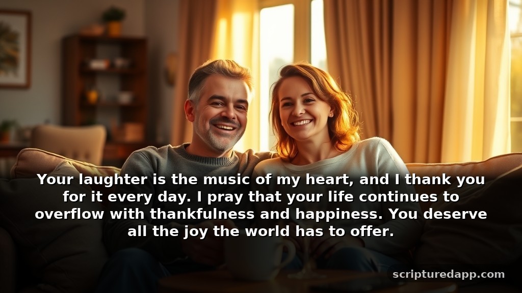 25 Prayers for My Wife's Gratitude: Your laughter is the music of my heart, and I thank you for it every day. I pray that your life continues to overflow with thankfulness and happiness. You deserve all the joy the world has to offer.