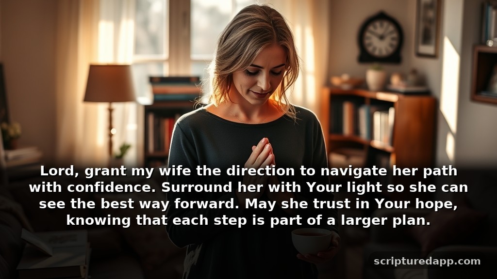 25 Prayers for My Wife's Guidance: Lord, grant my wife the direction to navigate her path with confidence. Surround her with Your light so she can see the best way forward. May she trust in Your hope, knowing that each step is part of a larger plan.
