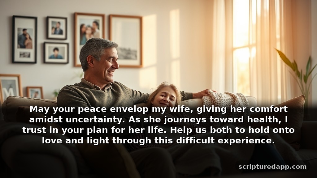 25 Prayers for My Wife's Healing: May your peace envelop my wife, giving her comfort amidst uncertainty. As she journeys toward health, I trust in your plan for her life. Help us both to hold onto love and light through this difficult experience.