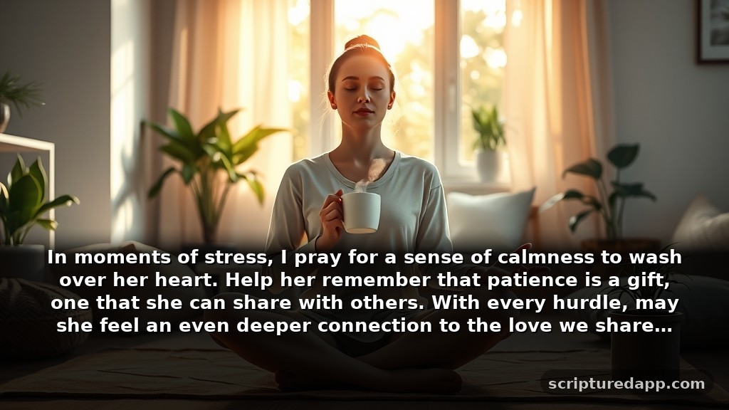 25 Prayers for My Wife's Patience: In moments of stress, I pray for a sense of calmness to wash over her heart. Help her remember that patience is a gift, one that she can share with others. With every hurdle, may she feel an even deeper connection to the love we share.