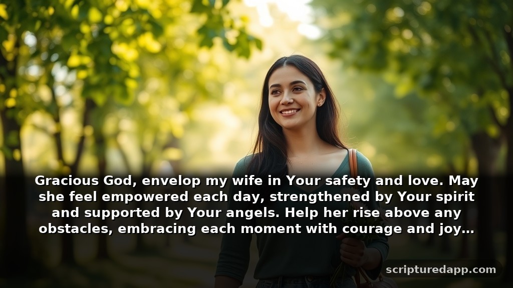 25 Prayers for My Wife's Protection: Gracious God, envelop my wife in Your safety and love. May she feel empowered each day, strengthened by Your spirit and supported by Your angels. Help her rise above any obstacles, embracing each moment with courage and joy.