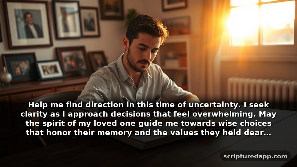 40 Days After Death Prayer for Guidance: Help me find direction in this time of uncertainty. I seek clarity as I approach decisions that feel overwhelming. May the spirit of my loved one guide me towards wise choices that honor their memory and the values they held dear.