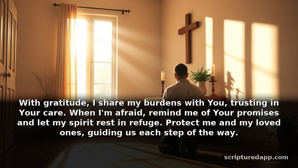 Deliverance Prayer for Protection from Evil Spirits: With gratitude, I share my burdens with You, trusting in Your care. When I'm afraid, remind me of Your promises and let my spirit rest in refuge. Protect me and my loved ones, guiding us each step of the way.