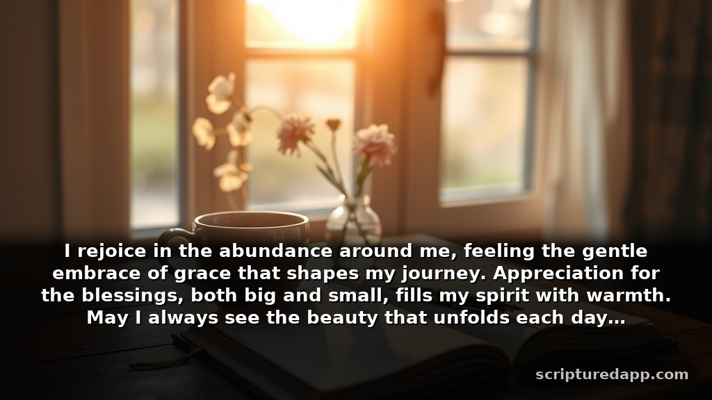 Deliverance Prayer of Gratitude for Blessings: I rejoice in the abundance around me, feeling the gentle embrace of grace that shapes my journey. Appreciation for the blessings, both big and small, fills my spirit with warmth. May I always see the beauty that unfolds each day.