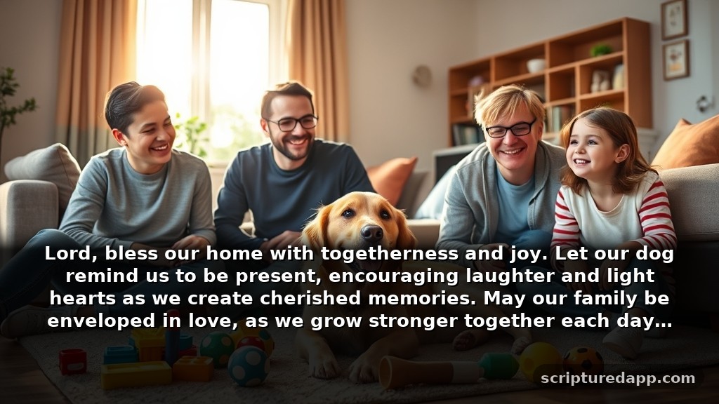 Dog Prayer for Family and Bonding: Lord, bless our home with togetherness and joy. Let our dog remind us to be present, encouraging laughter and light hearts as we create cherished memories. May our family be enveloped in love, as we grow stronger together each day.