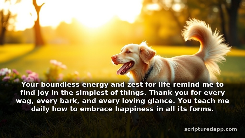 Dog Prayer for Gratitude and Appreciation: Your boundless energy and zest for life remind me to find joy in the simplest of things. Thank you for every wag, every bark, and every loving glance. You teach me daily how to embrace happiness in all its forms.