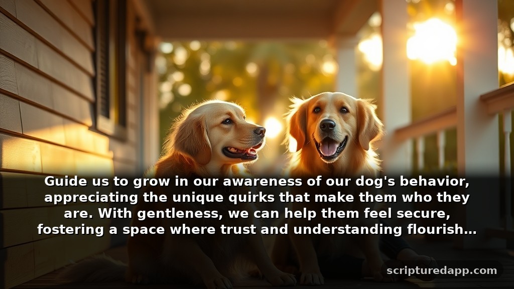 Dog Prayer for Patience and Understanding: Guide us to grow in our awareness of our dog's behavior, appreciating the unique quirks that make them who they are. With gentleness, we can help them feel secure, fostering a space where trust and understanding flourish.