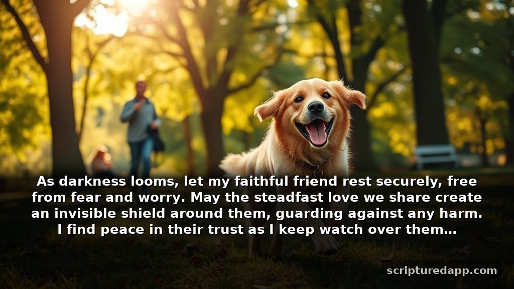 Dog Prayer for Protection Against Harm: As darkness looms, let my faithful friend rest securely, free from fear and worry. May the steadfast love we share create an invisible shield around them, guarding against any harm. I find peace in their trust as I keep watch over them.