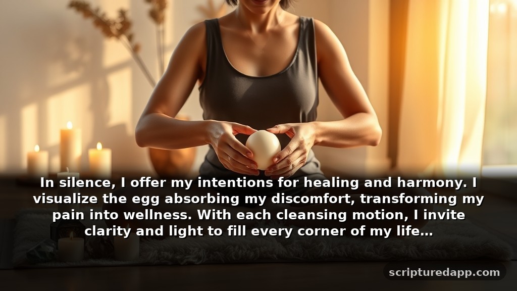 Egg Cleanse Prayer for Healing: In silence, I offer my intentions for healing and harmony. I visualize the egg absorbing my discomfort, transforming my pain into wellness. With each cleansing motion, I invite clarity and light to fill every corner of my life.