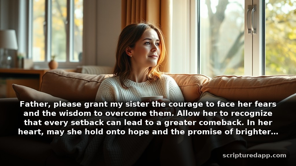Encouragement Strength Prayer for a Sister in Difficult Seasons: Father, please grant my sister the courage to face her fears and the wisdom to overcome them. Allow her to recognize that every setback can lead to a greater comeback. In her heart, may she hold onto hope and the promise of brighter tomorrows.