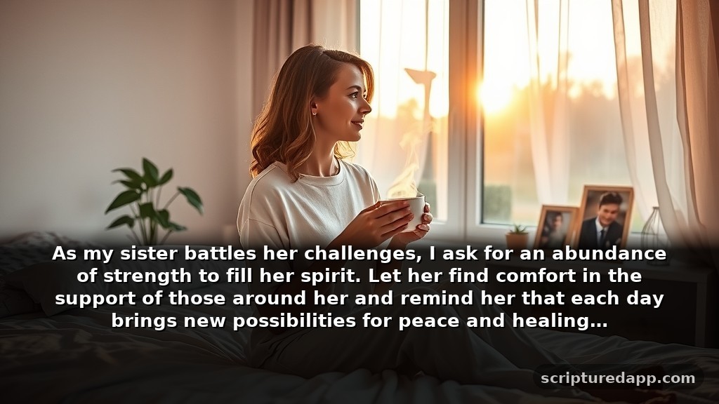 Encouragement Strength Prayer for a Sister's Healing Journey: As my sister battles her challenges, I ask for an abundance of strength to fill her spirit. Let her find comfort in the support of those around her and remind her that each day brings new possibilities for peace and healing.