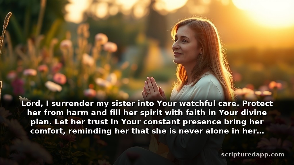 Encouragement Strength Prayer for a Sister's Protection: Lord, I surrender my sister into Your watchful care. Protect her from harm and fill her spirit with faith in Your divine plan. Let her trust in Your constant presence bring her comfort, reminding her that she is never alone in her journey.