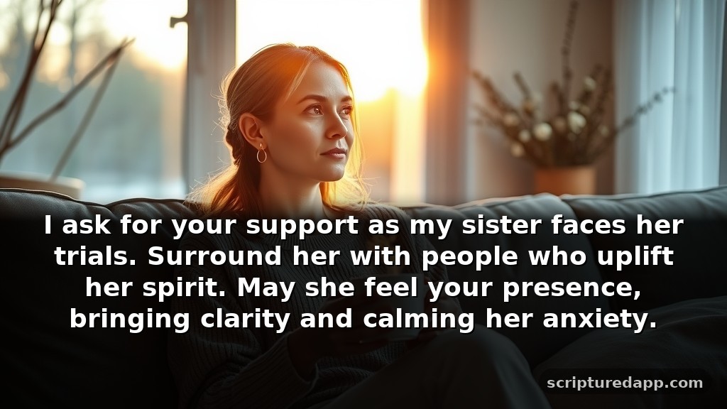 Short Encouragement Strength Prayer for a Sister Going Through Hard Times: I ask for your support as my sister faces her trials. Surround her with people who uplift her spirit. May she feel your presence, bringing clarity and calming her anxiety.