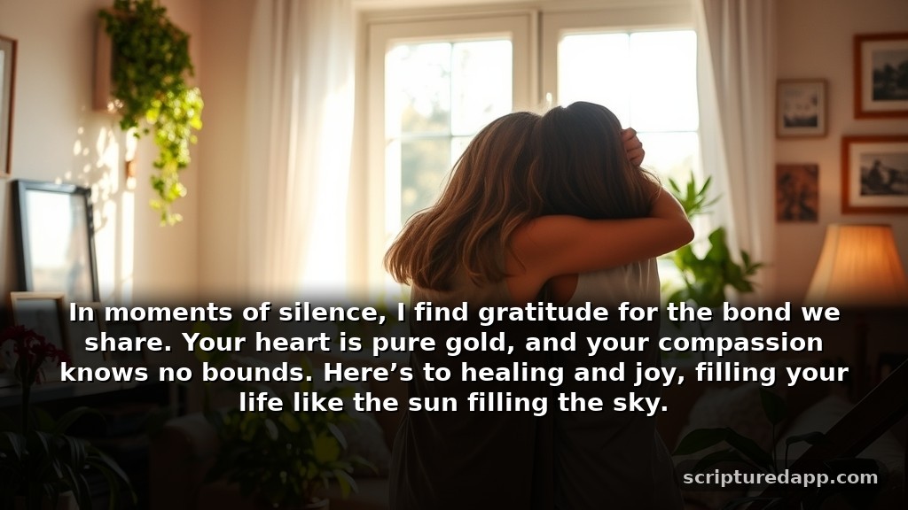 Gratitude Healing Prayer for Sister: In moments of silence, I find gratitude for the bond we share. Your heart is pure gold, and your compassion knows no bounds. Here’s to healing and joy, filling your life like the sun filling the sky.