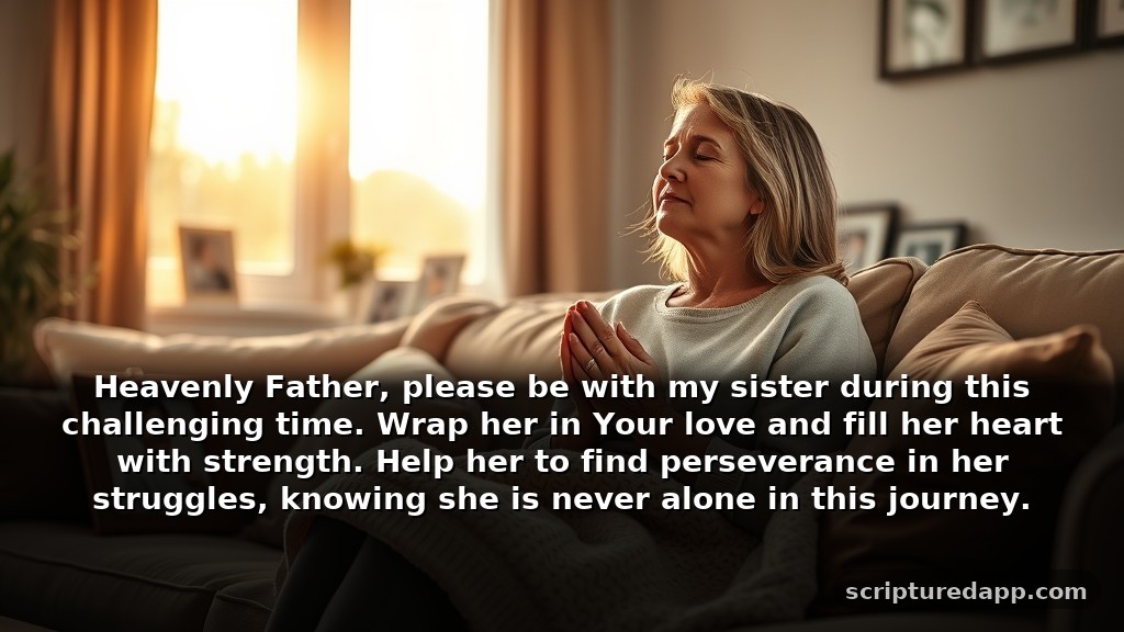 Healing Prayer for Sister in Difficult Seasons: Heavenly Father, please be with my sister during this challenging time. Wrap her in Your love and fill her heart with strength. Help her to find perseverance in her struggles, knowing she is never alone in this journey.