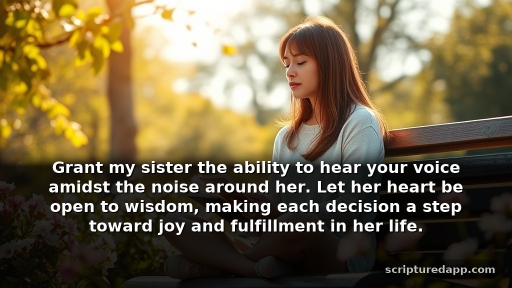 Healing Prayer for Sister's Guidance in Life: Grant my sister the ability to hear your voice amidst the noise around her. Let her heart be open to wisdom, making each decision a step toward joy and fulfillment in her life.