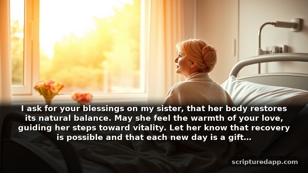 Healing Prayer for Sister's Physical Recovery: I ask for your blessings on my sister, that her body restores its natural balance. May she feel the warmth of your love, guiding her steps toward vitality. Let her know that recovery is possible and that each new day is a gift.