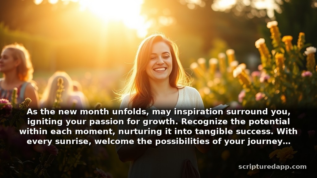 New Month Prayer for Growth: As the new month unfolds, may inspiration surround you, igniting your passion for growth. Recognize the potential within each moment, nurturing it into tangible success. With every sunrise, welcome the possibilities of your journey ahead.