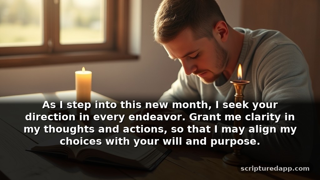 New Month Prayer for Guidance: As I step into this new month, I seek your direction in every endeavor. Grant me clarity in my thoughts and actions, so that I may align my choices with your will and purpose.