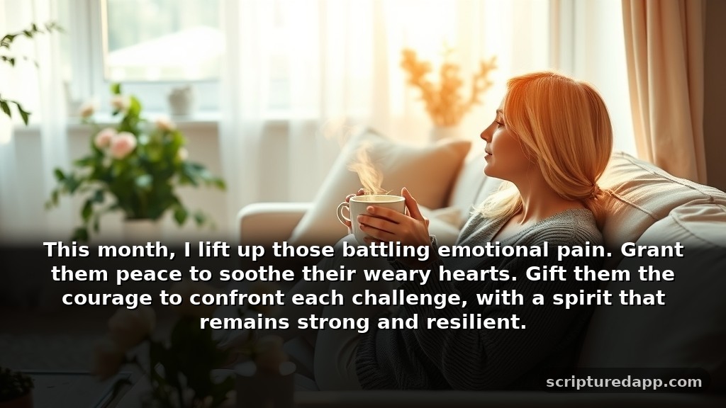 New Month Prayer for Healing: This month, I lift up those battling emotional pain. Grant them peace to soothe their weary hearts. Gift them the courage to confront each challenge, with a spirit that remains strong and resilient.