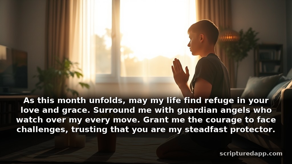 New Month Prayer for Protection: As this month unfolds, may my life find refuge in your love and grace. Surround me with guardian angels who watch over my every move. Grant me the courage to face challenges, trusting that you are my steadfast protector.