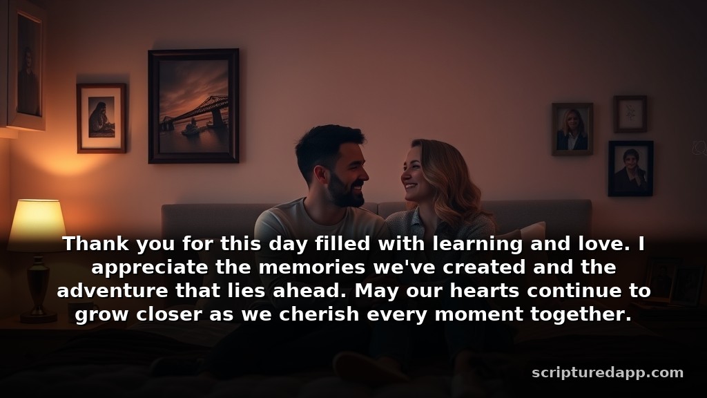 Gratitude Night Prayers for Couples: Thank you for this day filled with learning and love. I appreciate the memories we've created and the adventure that lies ahead. May our hearts continue to grow closer as we cherish every moment together.