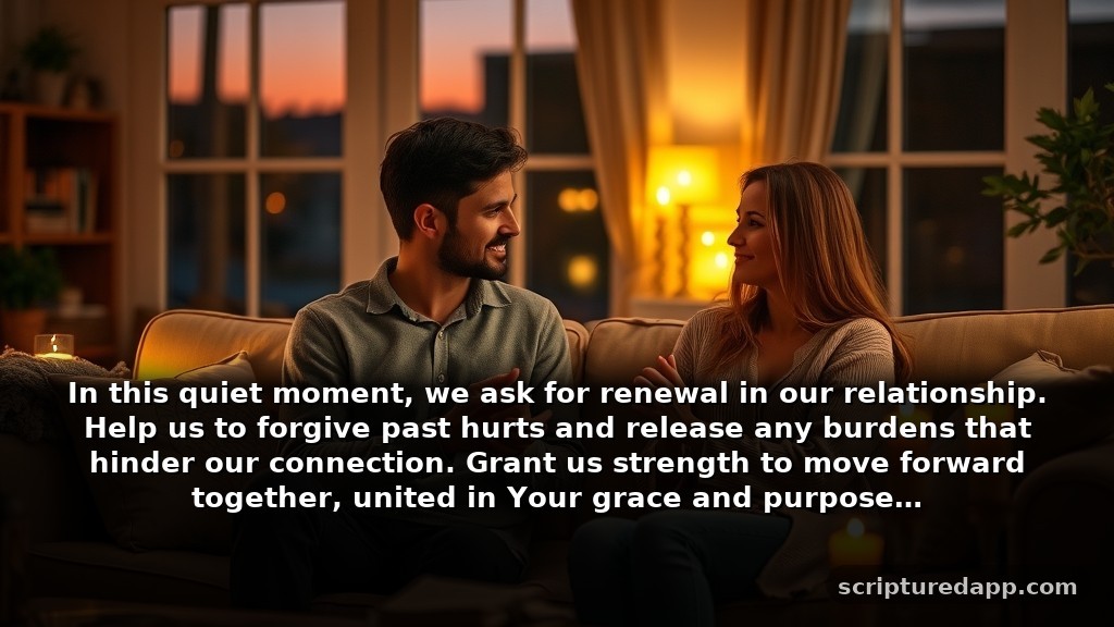Night Prayers for Couples Focused on Healing: In this quiet moment, we ask for renewal in our relationship. Help us to forgive past hurts and release any burdens that hinder our connection. Grant us strength to move forward together, united in Your grace and purpose.