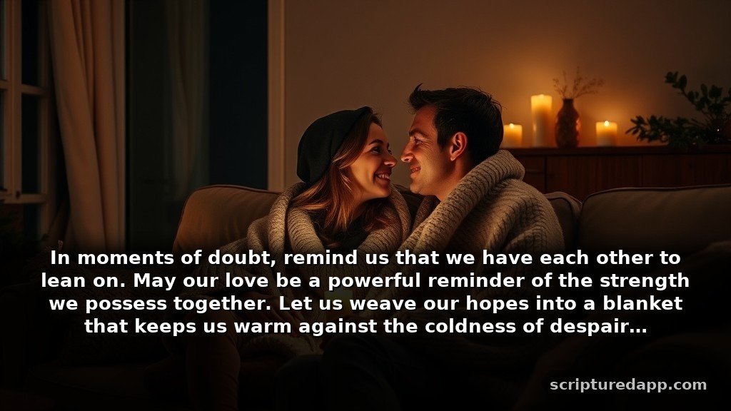 Night Prayers for Couples in Difficult Seasons: In moments of doubt, remind us that we have each other to lean on. May our love be a powerful reminder of the strength we possess together. Let us weave our hopes into a blanket that keeps us warm against the coldness of despair.