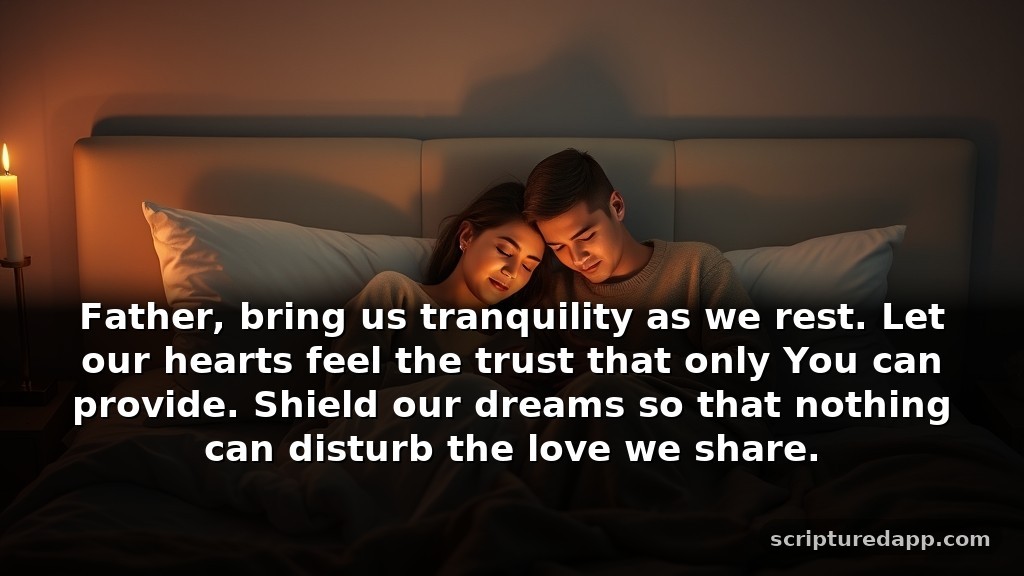 Night Prayers for Couples Seeking Protection: Father, bring us tranquility as we rest. Let our hearts feel the trust that only You can provide. Shield our dreams so that nothing can disturb the love we share.