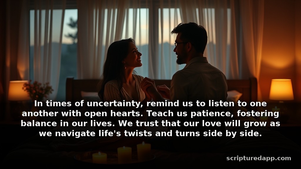 Short Night Prayers for Couples About Patience: In times of uncertainty, remind us to listen to one another with open hearts. Teach us patience, fostering balance in our lives. We trust that our love will grow as we navigate life's twists and turns side by side.