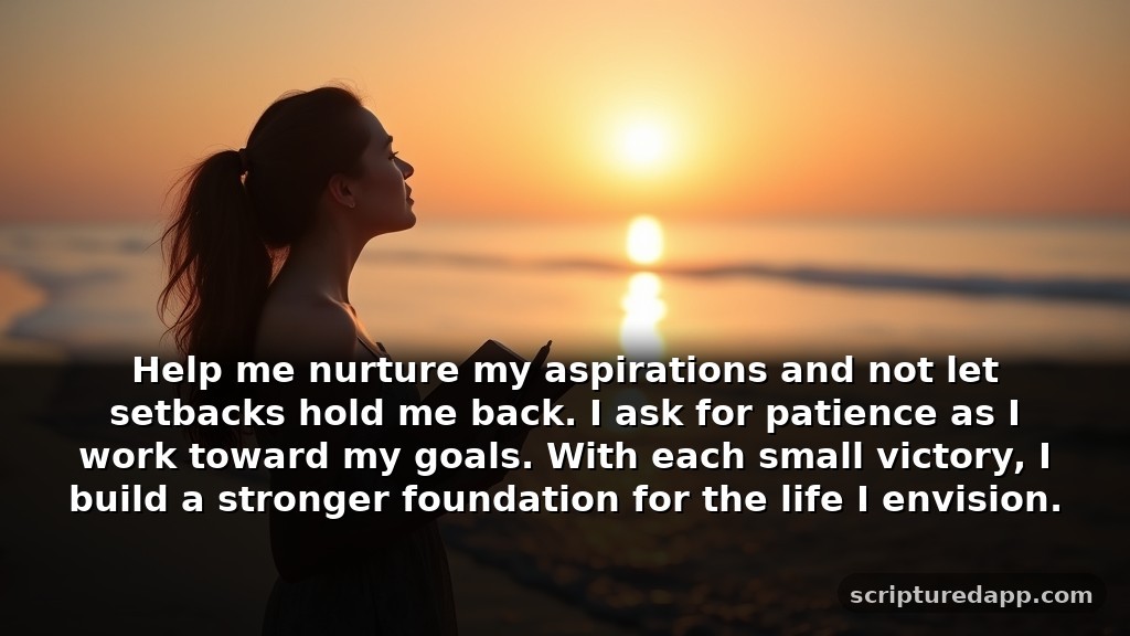 Short Positivity Prayers for Personal Growth and Development: Help me nurture my aspirations and not let setbacks hold me back. I ask for patience as I work toward my goals. With each small victory, I build a stronger foundation for the life I envision.