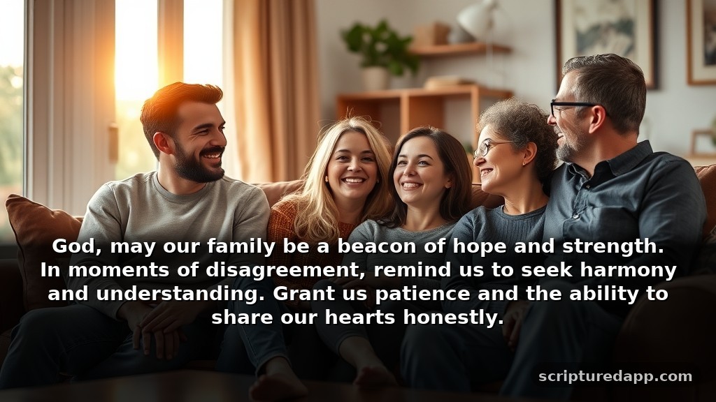 Powerful Intercessory Prayers for Family: God, may our family be a beacon of hope and strength. In moments of disagreement, remind us to seek harmony and understanding. Grant us patience and the ability to share our hearts honestly.