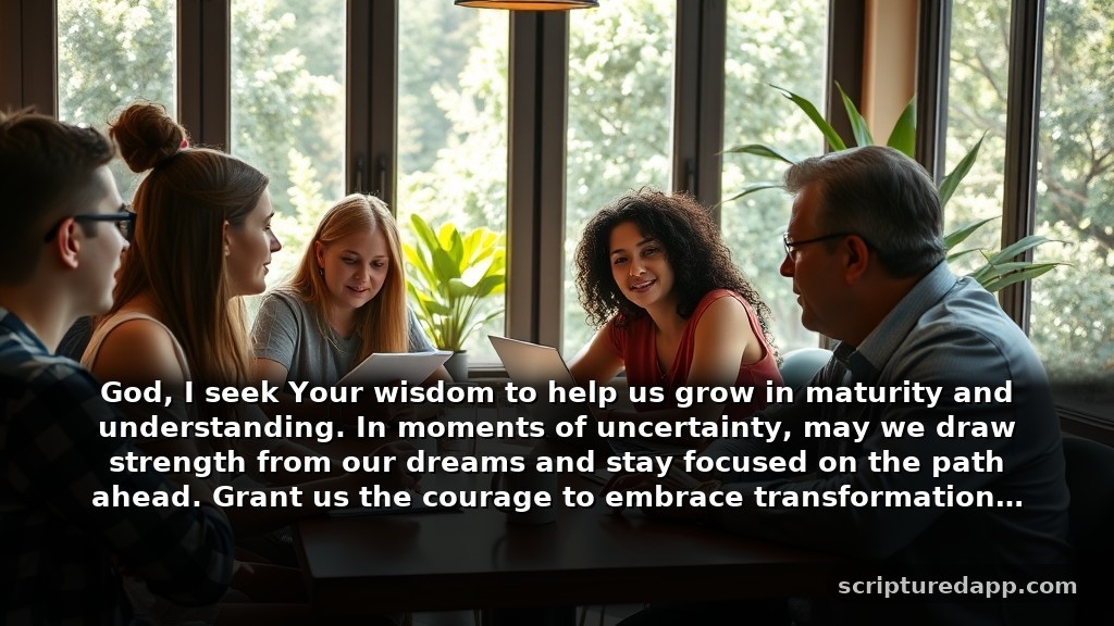 Powerful Intercessory Prayers for Growth: God, I seek Your wisdom to help us grow in maturity and understanding. In moments of uncertainty, may we draw strength from our dreams and stay focused on the path ahead. Grant us the courage to embrace transformation when needed.