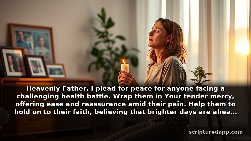 Powerful Intercessory Prayers for Healing: Heavenly Father, I plead for peace for anyone facing a challenging health battle. Wrap them in Your tender mercy, offering ease and reassurance amid their pain. Help them to hold on to their faith, believing that brighter days are ahead.
