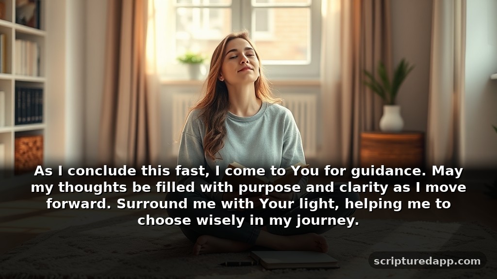 Prayer for Breaking Fast for Guidance: As I conclude this fast, I come to You for guidance. May my thoughts be filled with purpose and clarity as I move forward. Surround me with Your light, helping me to choose wisely in my journey.