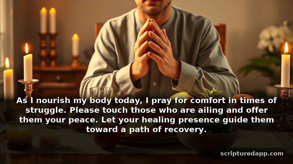 Prayer for Breaking Fast for Healing: As I nourish my body today, I pray for comfort in times of struggle. Please touch those who are ailing and offer them your peace. Let your healing presence guide them toward a path of recovery.