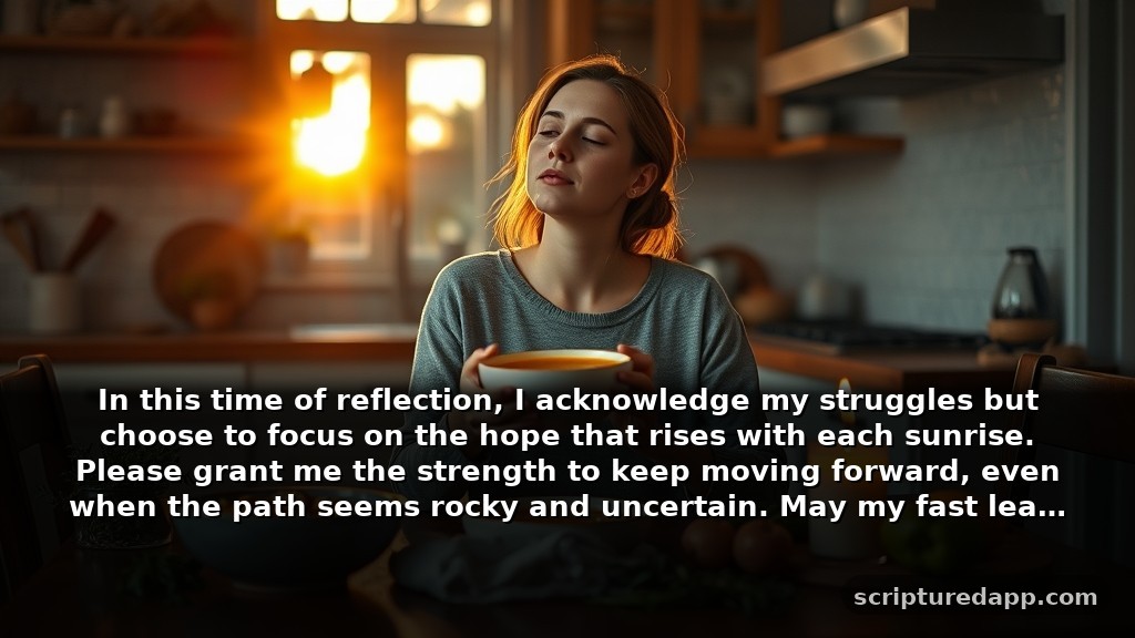Prayer for Breaking Fast in Difficult Seasons: In this time of reflection, I acknowledge my struggles but choose to focus on the hope that rises with each sunrise. Please grant me the strength to keep moving forward, even when the path seems rocky and uncertain. May my fast lead me to greater clarity and endurance.