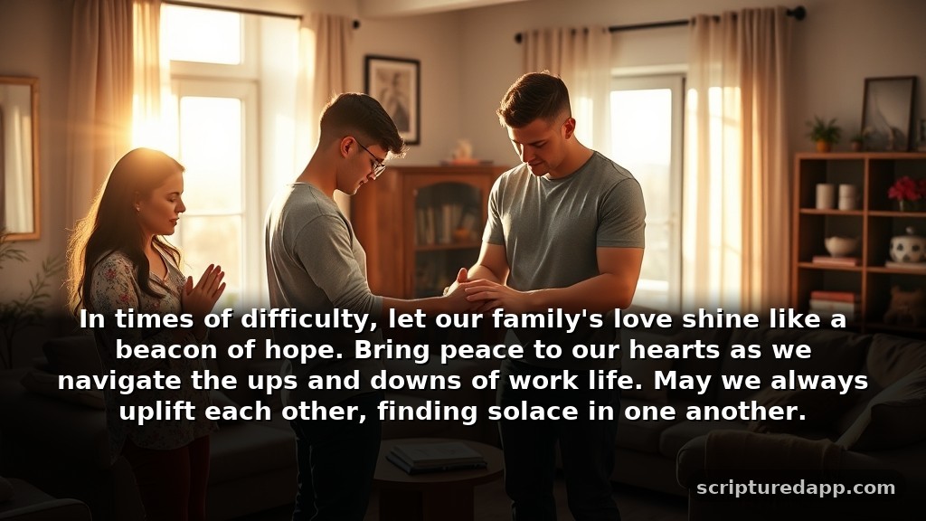 Prayer for Job Protection and Blessings for Family: In times of difficulty, let our family's love shine like a beacon of hope. Bring peace to our hearts as we navigate the ups and downs of work life. May we always uplift each other, finding solace in one another.