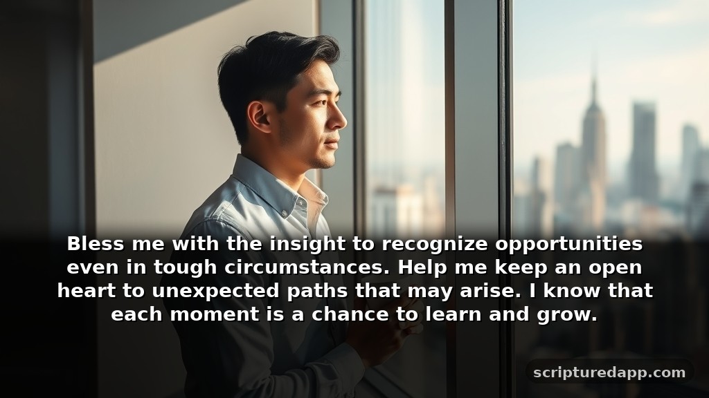 Prayer for Job Protection and Guidance During Uncertainty: Bless me with the insight to recognize opportunities even in tough circumstances. Help me keep an open heart to unexpected paths that may arise. I know that each moment is a chance to learn and grow.