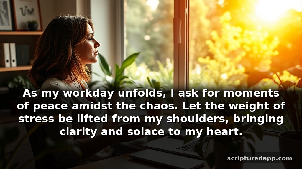 Prayer for Job Protection and Healing from Workplace Stress: As my workday unfolds, I ask for moments of peace amidst the chaos. Let the weight of stress be lifted from my shoulders, bringing clarity and solace to my heart.