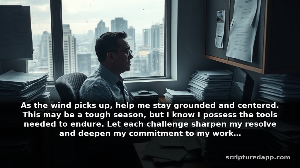 Prayer for Job Protection in Difficult Seasons: As the wind picks up, help me stay grounded and centered. This may be a tough season, but I know I possess the tools needed to endure. Let each challenge sharpen my resolve and deepen my commitment to my work.