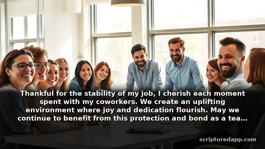 Prayer for Job Protection with Gratitude and Appreciation: Thankful for the stability of my job, I cherish each moment spent with my coworkers. We create an uplifting environment where joy and dedication flourish. May we continue to benefit from this protection and bond as a team.