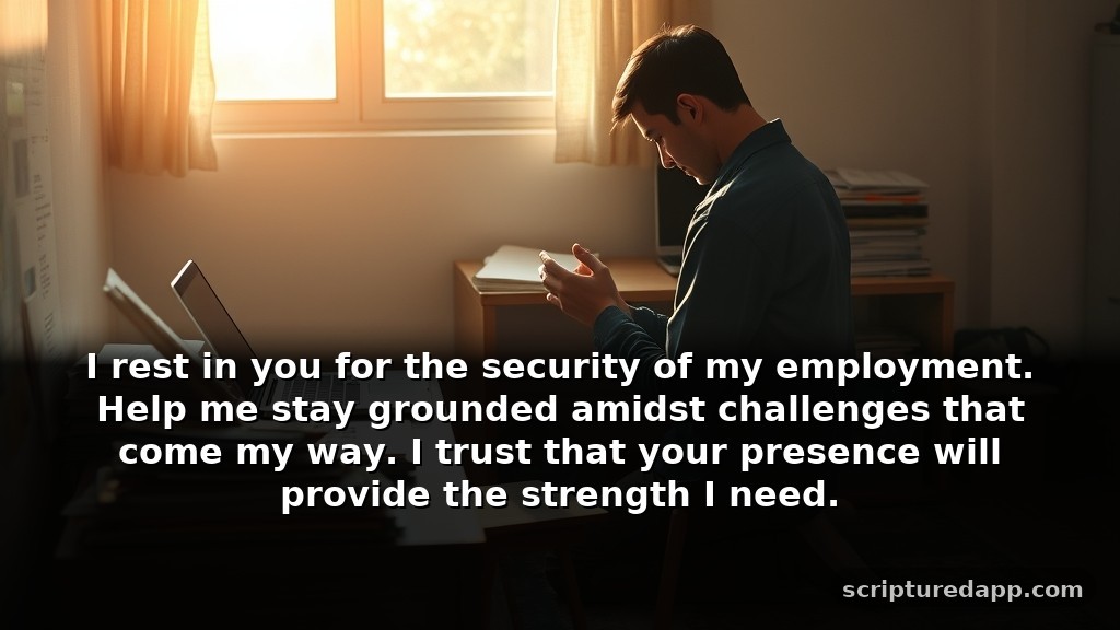 Short Prayer for Job Protection in Tough Times: I rest in you for the security of my employment. Help me stay grounded amidst challenges that come my way. I trust that your presence will provide the strength I need.