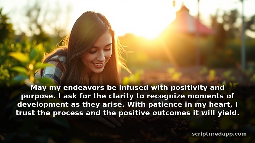 Prayer for Positive Outcome in Growth: May my endeavors be infused with positivity and purpose. I ask for the clarity to recognize moments of development as they arise. With patience in my heart, I trust the process and the positive outcomes it will yield.