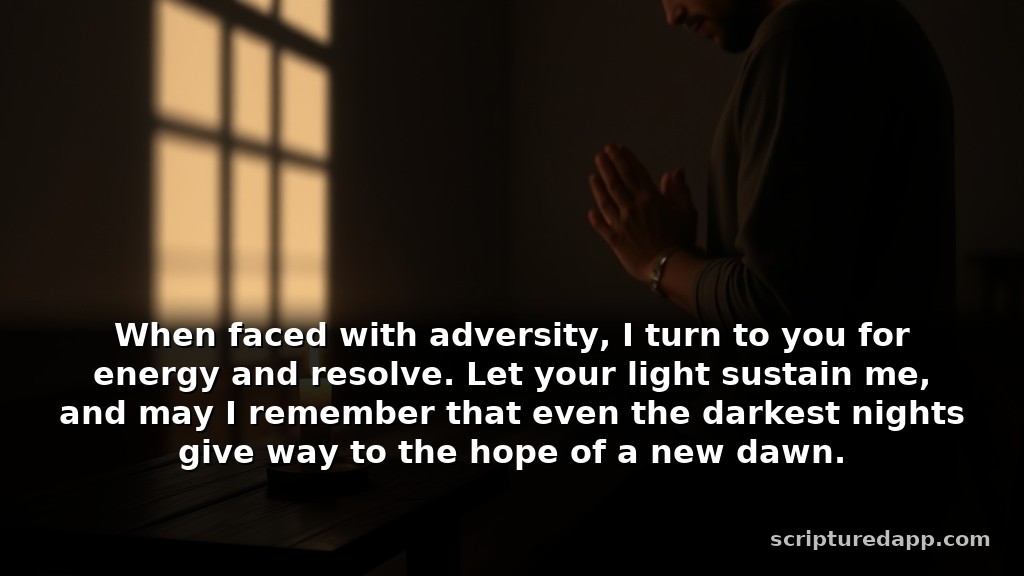 Prayer for Victory in Difficult Seasons: When faced with adversity, I turn to you for energy and resolve. Let your light sustain me, and may I remember that even the darkest nights give way to the hope of a new dawn.