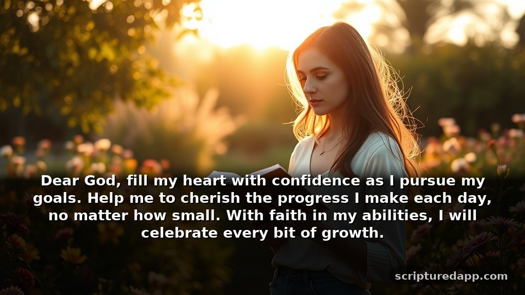Prayer for Victory in Growth: Dear God, fill my heart with confidence as I pursue my goals. Help me to cherish the progress I make each day, no matter how small. With faith in my abilities, I will celebrate every bit of growth.
